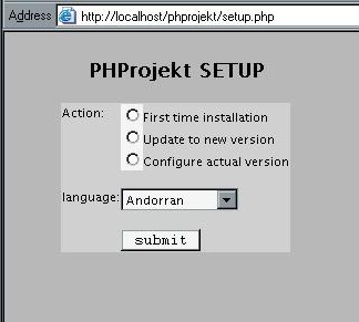 PHProjekt Setup Screen